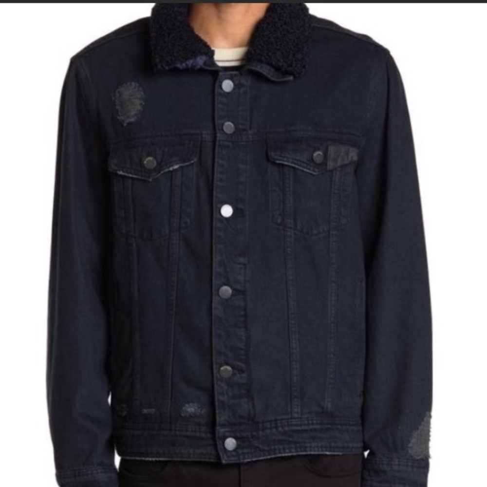 Men's  Blank NYC Shearling Collar Distressed Denim Jacket Navy blue Size -L